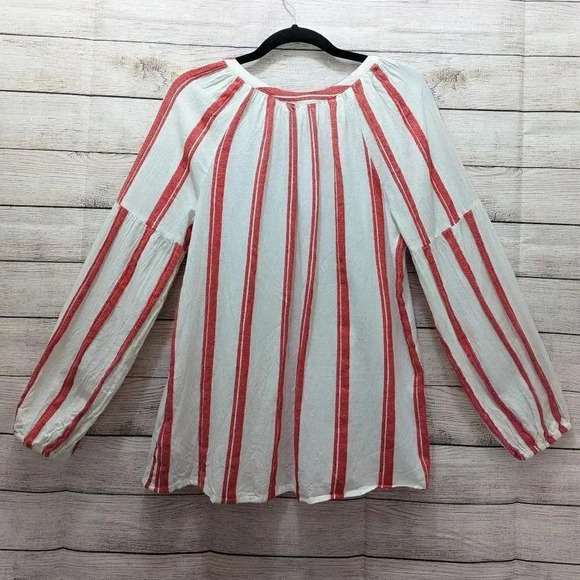 Gap Women's Size M Split Neck Blouse Frame Zen Red Stripe Beige Long Sleeve Top. - Picture 8 of 10
